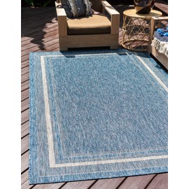 Unique Loom Outdoor Border Collection Area Rug - Soft Border (9' x 12' Rectangle, Blue/ Ivory)