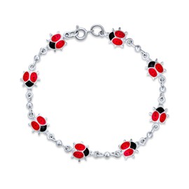 Good Luck Garden Lucky Multi Station Charms Enamel Red Ladybugs Charm Bracelet For Women Teen .925 Sterling Silver 7.5 Inch