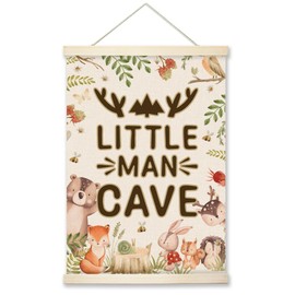RZQIJ Forest Little Man Cave Sign Hanging Wall Flags Canvas Banner 12x16 Inch - Baby Boy Nursery Decor for Room, Bedroom, Playroom - Nursery Wall Decor - Poster Hanger Frame for Kids(009)