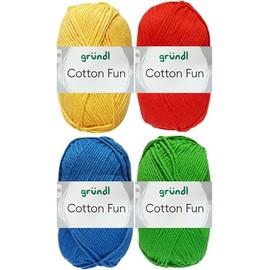 4 x 50 g Gründl Cotton Fun Crochet Yarn Made of 100% Cotton Including Instructions for Shopping Net, Colourful Mix Set (Set 7 (Bolt Base Mix))