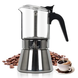 LAOION Stovetop Espresso Maker, 6Cup 240ml Classic Moka Pot, Crystal Glass-top & Stainless Steel Coffee Maker Mocha Pot, Greca De Cafe, Cuban and Italian Coffee Maker for Cafetera Cubana