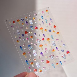 1 Sheet Cute Mushroom Nail Stickers Rabbit Flower Nail Art Decals 5D Jelly Sense Self-Adhesive Nail Design Stickers for Women DIY Spring Nail Art Supplies Acrylic Nails Accessories