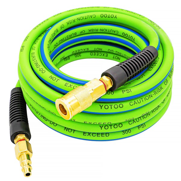 YOTOO Air Hose 1/4 in x 25 ft, Heavy Duty Hybrid Air Compressor Hose, Flexible, Lightweight, Kink Resistant with 1/4" Industrial Quick Coupler Fittings, Bend Restrictors, Green+Blue