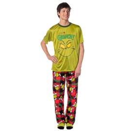 Dr. Seuss GRINCH Men's Pajama Pants Shirt and Socks 3 Piece Pajama Set, Multicolored, X-Small