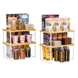 Ekisemio Kitchen Cabinet Organizer, Bamboo Spice Rack Organizer for Cabinet, Stackable & Expandable Counter Shelves, Set of 4, White and Natural