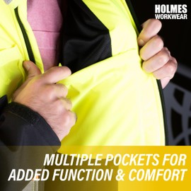 Holmes Workwear Hi-Vis Yellow Softshell Jacket - Waterproof and Breathable Reflective Jacket with Fleece Lining, Medium