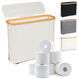 INNOLIFE Toilet Paper Storage Basket with Lid for Bathroom, Holds 9 to 12 Rolls, Free Standing Toilet Paper Holder, Bathroom Organizer, Foldable Storage Bag (Beige)