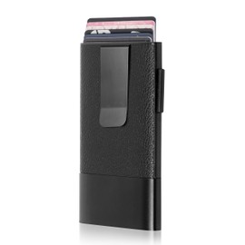 Fidelo Minimalist Men's Wallet with Money Clip - RFID Blocking, Holds 6 Cards - PU Leather & Aluminum Construction - Quick & Secure Card Access, Durable Trigger Spring - Black