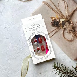 24PCS Press on Nails Christmas, Short Almond Fake Nails Red False Nails Cute Elk Snowflake Red White Stripe Xmas Design Acrylic Nails Glossy Cover Christmas Artificial Nails for Women Manicure