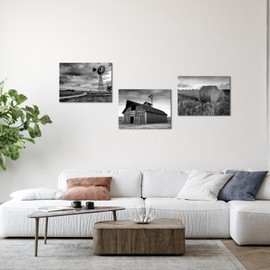 Apicoture Farmhouse Wall Art Windmill Barn Picture Wall Decor Framed Canvas Prints Rustic Black and White Country Landscape Painting 12"x16"x3 Pieces