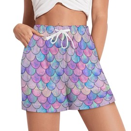 Ysidec Mermaid Fish Scale Women Shorts Beach Casual Athletic High Waist Drawstring Shorts 2XL