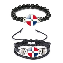 Ykonuyis Dominican Flag Metal Black Beaded Elastic Rope Bracelet and Alloy Leather Braided Rope Bracelet Bangl for Men Women Support your country (Red Dominican)