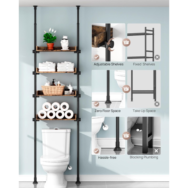 ALLZONE Bathroom Organizer, Over The Toilet Storage, 4-Tier Adjustable Wood