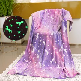 Unicorn Blanket for Girls, Glow in The Dark Blankets for Kids Rainbow Throw Blanket Soft Fleece Luminous Toddler Blanket Birthday Gifts for Age 2 3 4 5 6 7 8 9 10 11 12 Year Old, 50" x 60", Purple