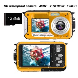 Underwater Camera, 10ft Waterproof Camera, Full HD 2.7K 48MP, 16X Digital Zoom, Underwater Digital Camera with Selfie Dual Screen, DV Digital Camera for Snorkeling (Yellow)