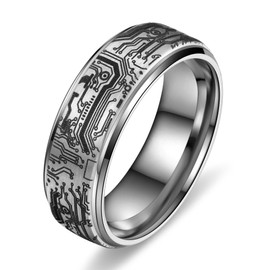 Adreamz Tungsten Ring 8mm Computer Circuit Pattern Ring Silver Tungsten Carbide Beveled Step Edges Wedding Band for Men Comfort Fit Ring Size 12