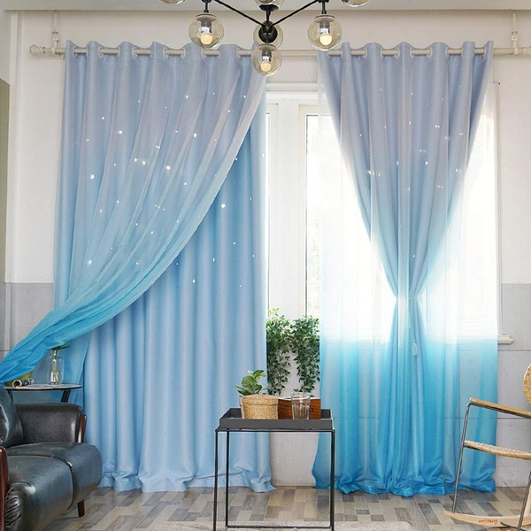 ABREEZE Kids Star Blackout Curtains Star Curtains for Girls Boys Bedroom Gradient Tulle Overlay Curtain Double Layer Sparkle Star Cut Out Curtains (1 Panel,59 x 96 inch,Blue)
