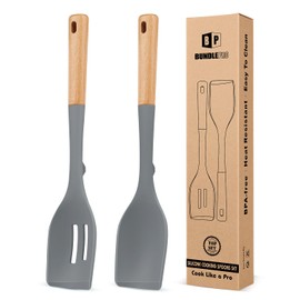 Pack of 2 Large Silicone Cooking Spoons, Heat Resistant Non Stick Kitchen Utensils with Wooden Handle, Ideal for Mixing, Stirring, Serving, Cooking(GRAY)