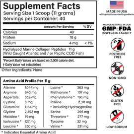 E1P Wild Caught Marine Collagen Peptides Powder 440grams (40 Servings) Unflavored, MSC-Certified, Non-GMO, Third-Party Lab Tested