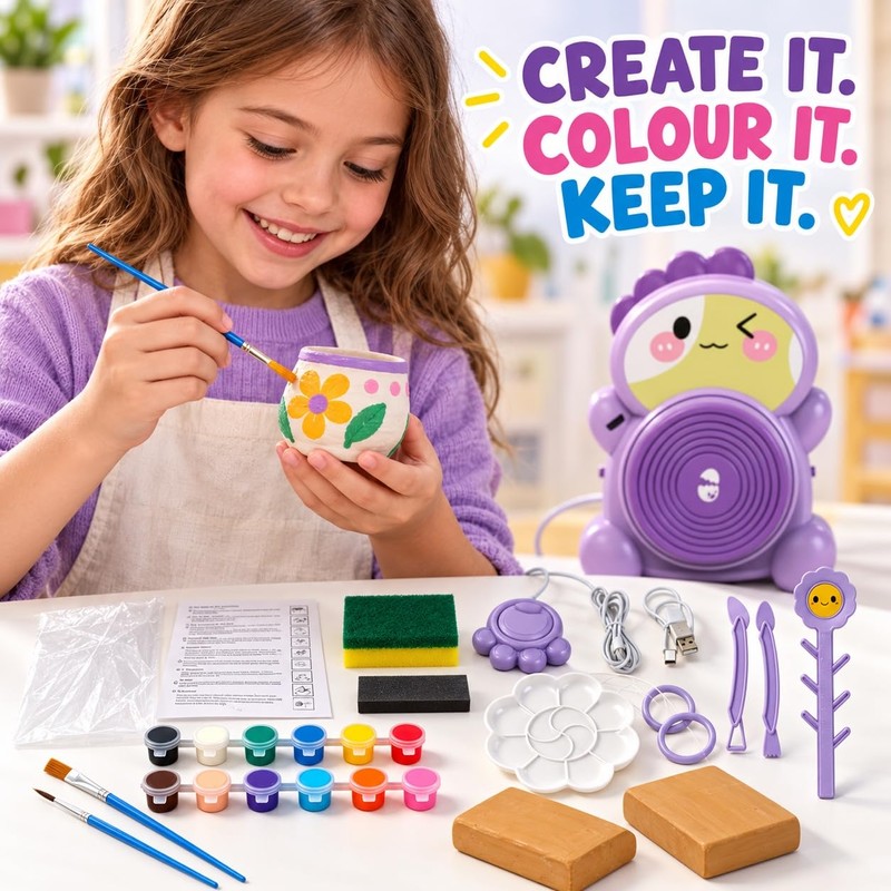 Kids Pottery Wheel with Clay, Arts and Crafts Kit for