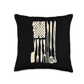 Grill Father - Funny BBQ Smoker Grilling Apparel Mens Vintage BBQ American Flag Grilling Or Smoking Meat Throw Pillow, 16x16, Multicolor