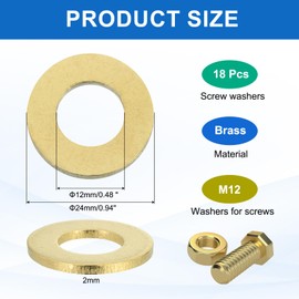 sourcing map 18 Pack Brass Flat Washer, M12 Copper Washers Crush Washer Kit Assortment, 12mm ID, 24mm OD, 2mm Thick for Bolts Screws Machinery Repair, Outdoor Construction