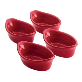 Rachael Ray Solid Glaze Ceramics Dipping Cups / Ramekin Set for Snacks, Desserts, and More, Oval - 4 Piece, Red