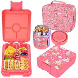 Bento Lunch Box Set for Kids with 10oz Soup Thermo, Leak-Proof Lunch Containers with 4 Compartment, Kids Thermo Hot Food Jar and Insulated Lunch Bag for Kids to School,BPA-Free(Unique Horse)