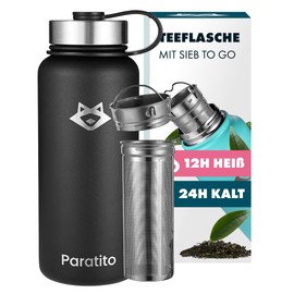 Paratito® Vacuum Flask with Tea Infuser/Fruit Insert – Insulated Stainless Steel Water Bottle 1L – Travel Flask for Hot and Cold Drinks – 1 Litre to-Go Thermal Bottle for Office, Yoga, and Hiking