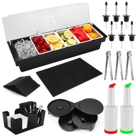 Bartending Supplies - 18" x 12" Bar Mat Garnish Tray with Lid Bar Caddy 3 Tier Bar Glass Rimmer, 2 Plastic Juice Pour Bottles 3 Mini Tongs 12 Classic Liquor Bottle Pourers 500 Cocktail Straws(Black)