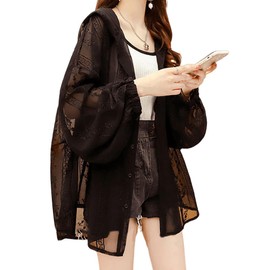 Vincent house Women's Cardigan, Thin, Long Sleeve, Cooling Protection, Floral Pattern, Embroidery, See-through, UV Protection, Sunburn, Loose, Slimming, Stylish, Commuting, Spring, Summer, Autumn,