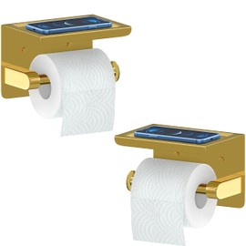 SAYONEYES Gold Bathroom Toilet Paper Holder with Shelf – SUS304 Stainless Steel Toilet Tissue Roll Holder Wall Mounted – Two Installation Screw and Self Adhesive TP Holder – 2 Pack