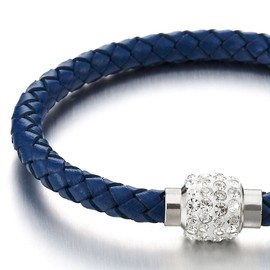 COOLSTEELANDBEYOND Blue Leather Bangle Bracelet with Cubic Zirconia and Steel Magnetic Clasp