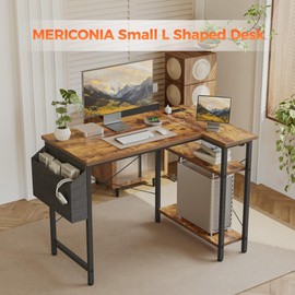 Mericonia Small L Shaped Computer Desk with Power Outlets, Gaming Desk for Small Spaces, Corner Desk with Reversible Storage Shelves, Study Writing Table for Home Office(Socket, Rustic Brown, 40 inch)