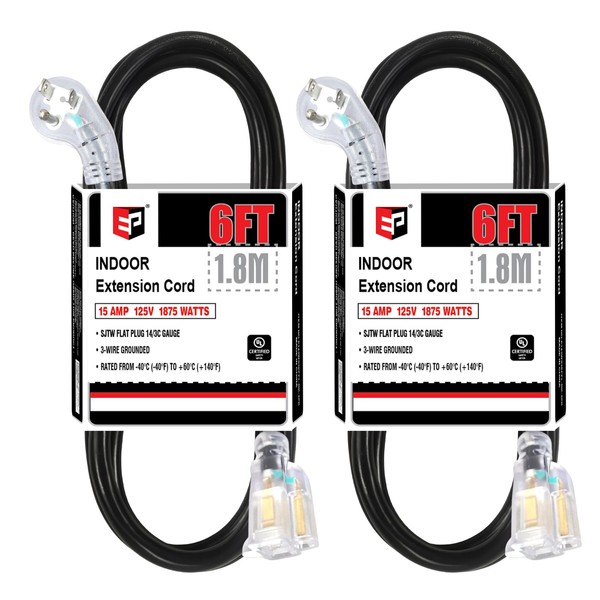 EP 2 Pack 6 Ft Flat Plug Lighted Extension Cord,