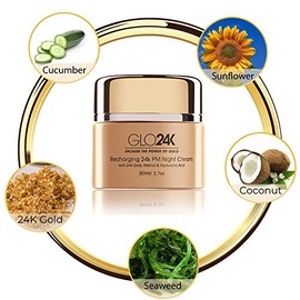 GLO24K Crema de noche con retinol con oro de 24k, fórmula antienvejecimiento con ácido hialurónico