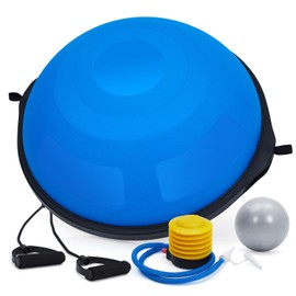25in Balance Ball, 1600 lbs Half Exercise Ball with Nonslip Base, Inflatable Half Ball Balance Trainer, Stability Half Yoga Ball Strength Training Equipment with 2 Bands, Pump, Extra Ball, Blue