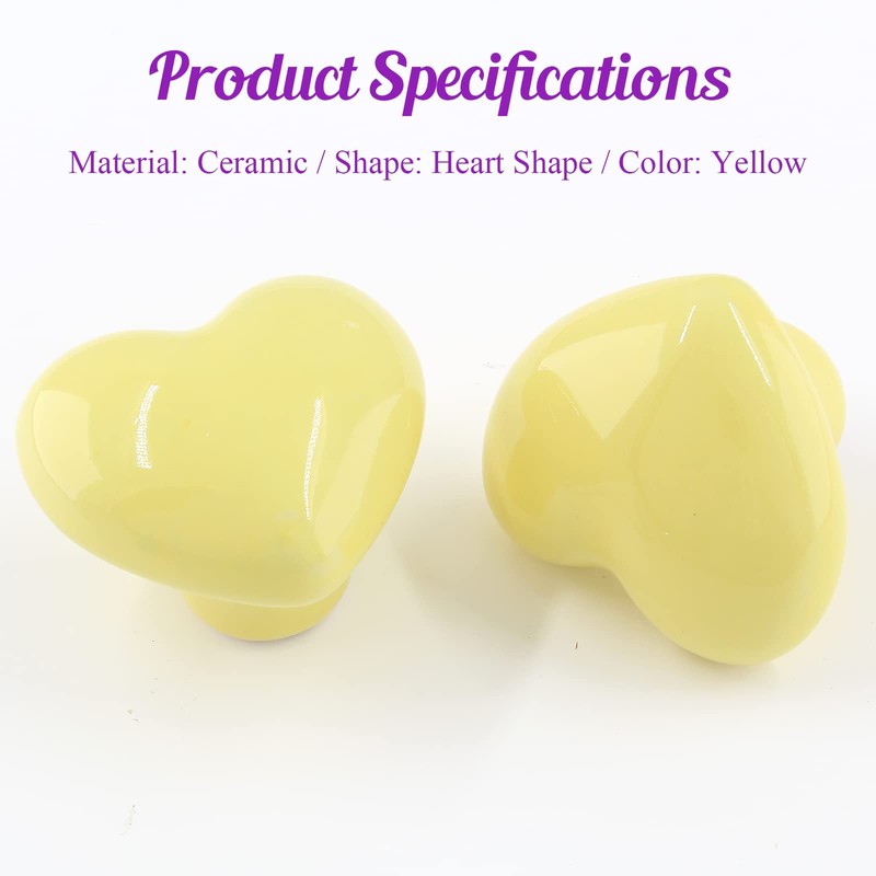 Qjaiune 2pcs Ceramic Cabinet Knobs Yellow Drawer Knobs, Heart Shaped