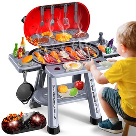 Kids Play Kitchen Toys Set: 68-Piece Pretend Grill BBQ Toy with Real Smoke, Sizzling Sound & Lights, Outdoor Cooking Set for Toddlers Ages 3-8, Birthday Gift for Boys & Girls