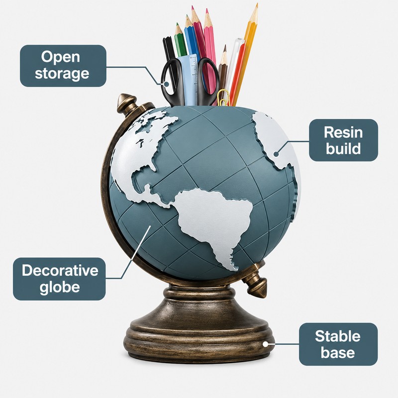 Globe Pen Holder for Desk Organization - Decorative Resin Stationery