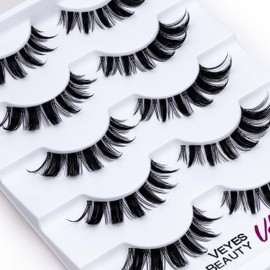 VEYESBEAUTY False Eyelashes Wispy Lashes Lightweight Natural Look Fluffy Faux Mink Thin & Invisible Band Manga Lashes, Comfortable and Reusable, 5 Pairs