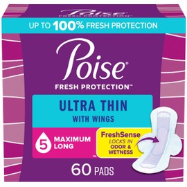 Poise Ultra Thin Incontinence & Postpartum Pads with Wings for Bladder Leaks, 5 Drop Maximum Absorbency, Long Length, 60 Count, Packaging May Vary