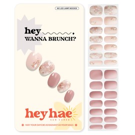 Heyhae Semi Cured Gel Nail Strips | No LED Lamp Needed | Glitter, Pink | Easy Apply & Remove, Salon Quality | Includes 28 Strips, 1 Prep Pads, Nail File & Wooden Stick - Hey, Wanna Brunch?