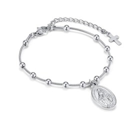 Virgin Mary Bracelet，Dainty14k Gold Plated Rosary Bead Cross Bracelets Religious Baptism Virgen de Guadalupe Bracelets Catholic Jewelry Gifts for Women (Silver)