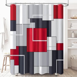 BTTN 96 Inch Extra Long Shower Curtain, 72x96 Geometric Waterproof Fabric Shower Curtain Set with Plastic Hooks, Extra Tall Hotel Spa Decorative Luxury Modern Cloth Shower Curtain for Bathroom, Red