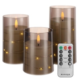 Flameless Candles with Timer - Battery Operated Candles with Remote, Durable Acrylic Glass Shell, with Embedded Star String for Romantic Ambiance and Home/Wedding Decoration (Set of 3, Grey)