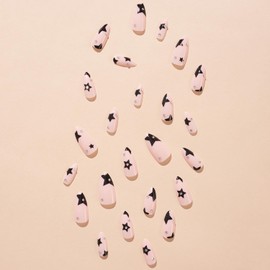 FIEONCIY Press on Nails Almond Shape-Glossy Full Cover Acrylic Rhinestone False Nails with Black Star Designs Artificial Medium Almond Pointed Fake Nails with Charm Glue Stick on Fingernails for Women