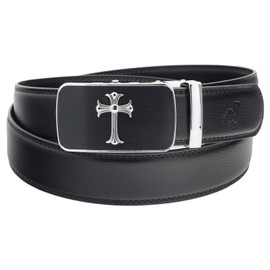 QHA Mens Jesus Cross Automatic Buckle Ratchet Leather Belt Q39-Silver Black-32-38"