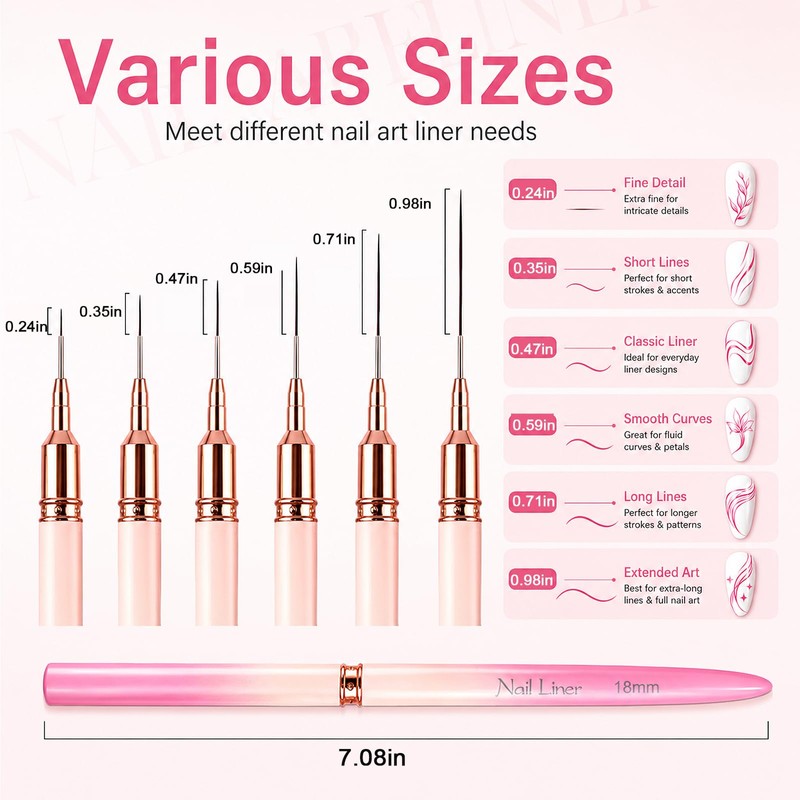 Liner Brushes For Nail Art for Thin Long Liner 6Pcs