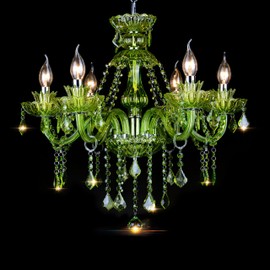 Bagood 6 Lights Green K9 Crystal Candle Chandeliers Lighting Modern Pendant Lights Ceiling Fixture Lamp for Dining Living Room Bedroom Hallway Entry Elegant Decoration E12 Base, H20.5 x W23.6 Inch